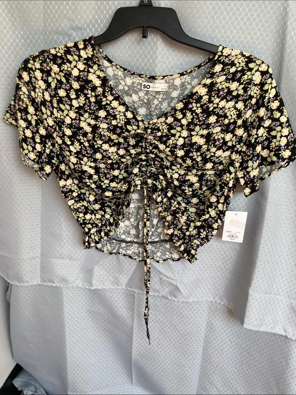 SO top floral print cinch front short sleeve crop top boho casual L jr - Picture 16 of 17